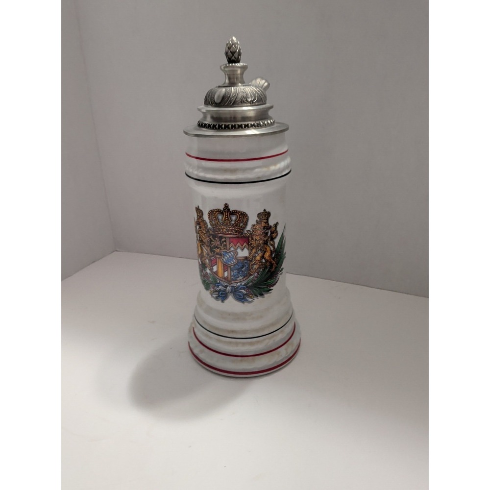 Vintage German Beer Stein Lidded Ceramic Mug Crest Lion Crown White 9 Inch